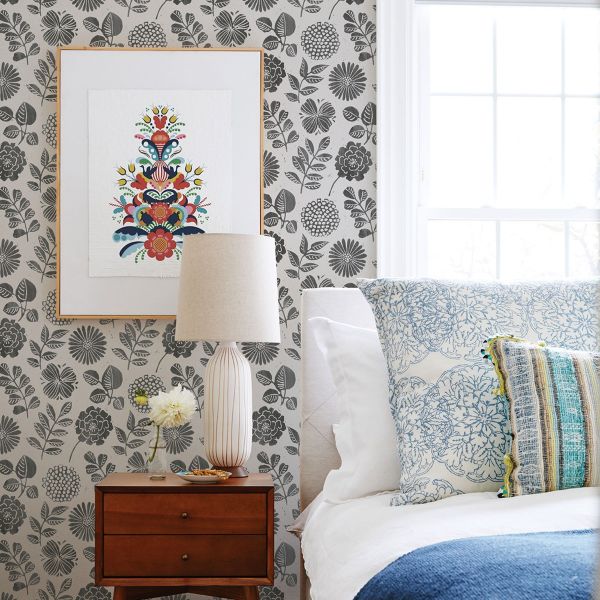 Inge Floral Vinyl Wallpaper Black by Fine Decor